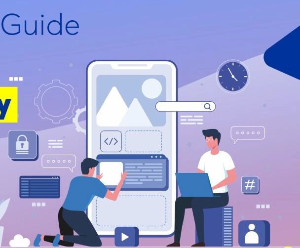 Illustration of two people working on building a mobile-friendly website, with coding and design elements around a smartphone screen.