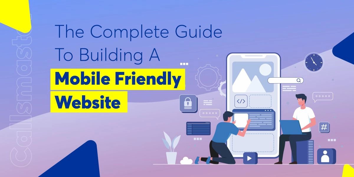 Illustration of two people working on building a mobile-friendly website, with coding and design elements around a smartphone screen.