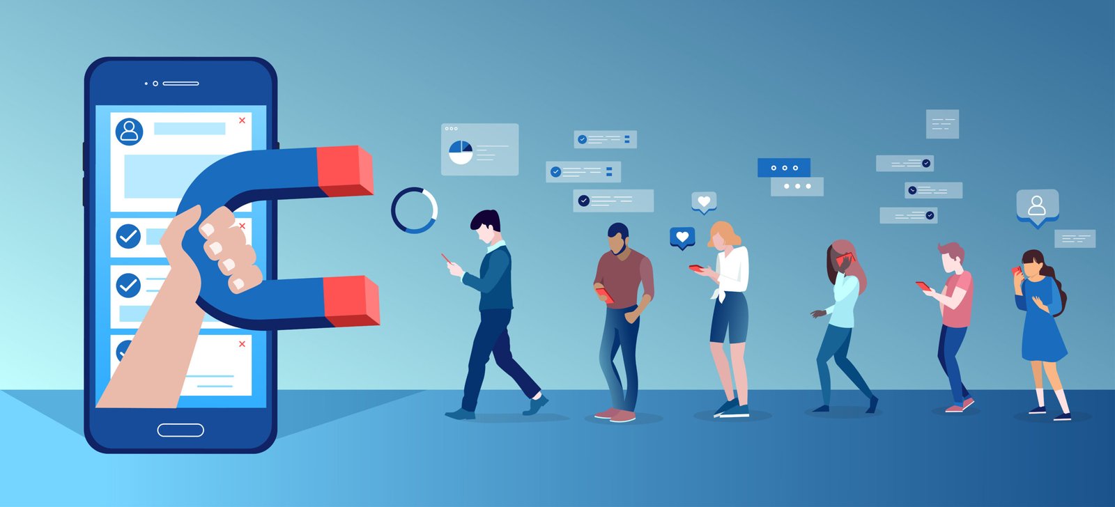 Illustration of a large smartphone screen with a hand holding a magnet attracting a line of diverse people walking while using their own mobile devices, symbolizing customer engagement and user attraction by mobile apps.