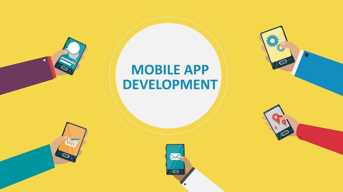Illustration of hands holding smartphones displaying different mobile app icons, with the text "MOBILE APP DEVELOPMENT" in the center.